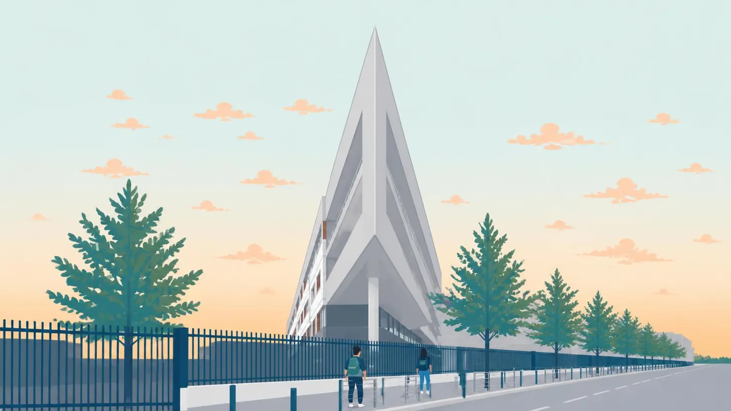 Dessin du lycée : la pointe du bâtiment, très fine comme l’avant d’un bateau, au coucher du soleil ; des élèves marchent sur le trottoir.